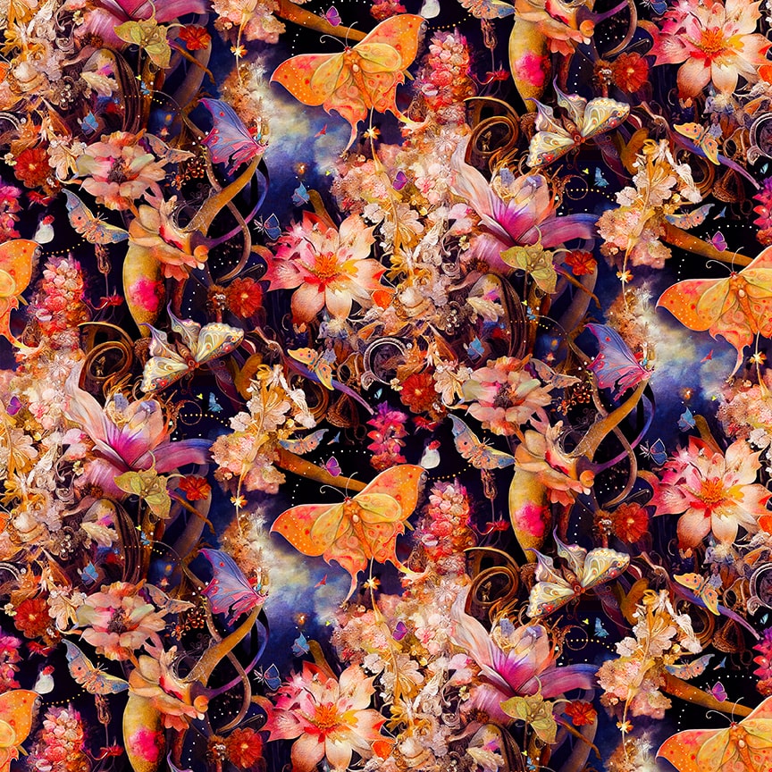Floral Moth Fabric - Night Garden 3555-22 Pink - 100% cotton - Blank Quilting Corp