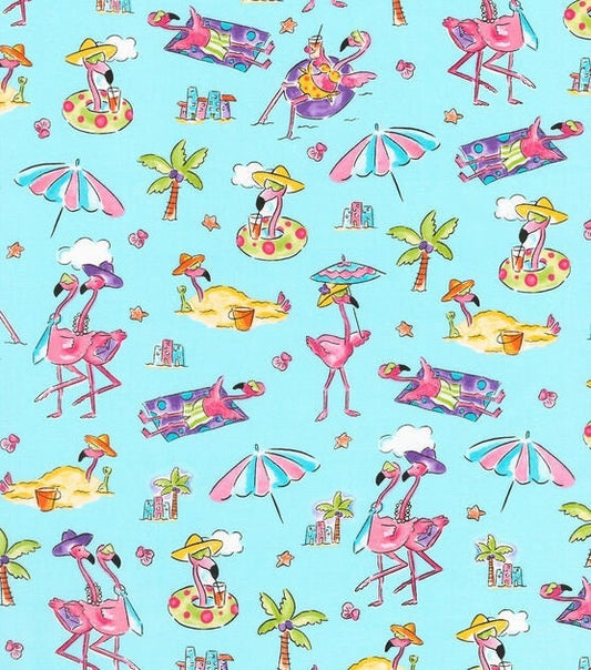 Flamingo Fabric - Flamingos on the Beach by Robert Kaufman - 100% cotton fabric - Beach vacation pool theme flamingo print - Ships NEXT DAY