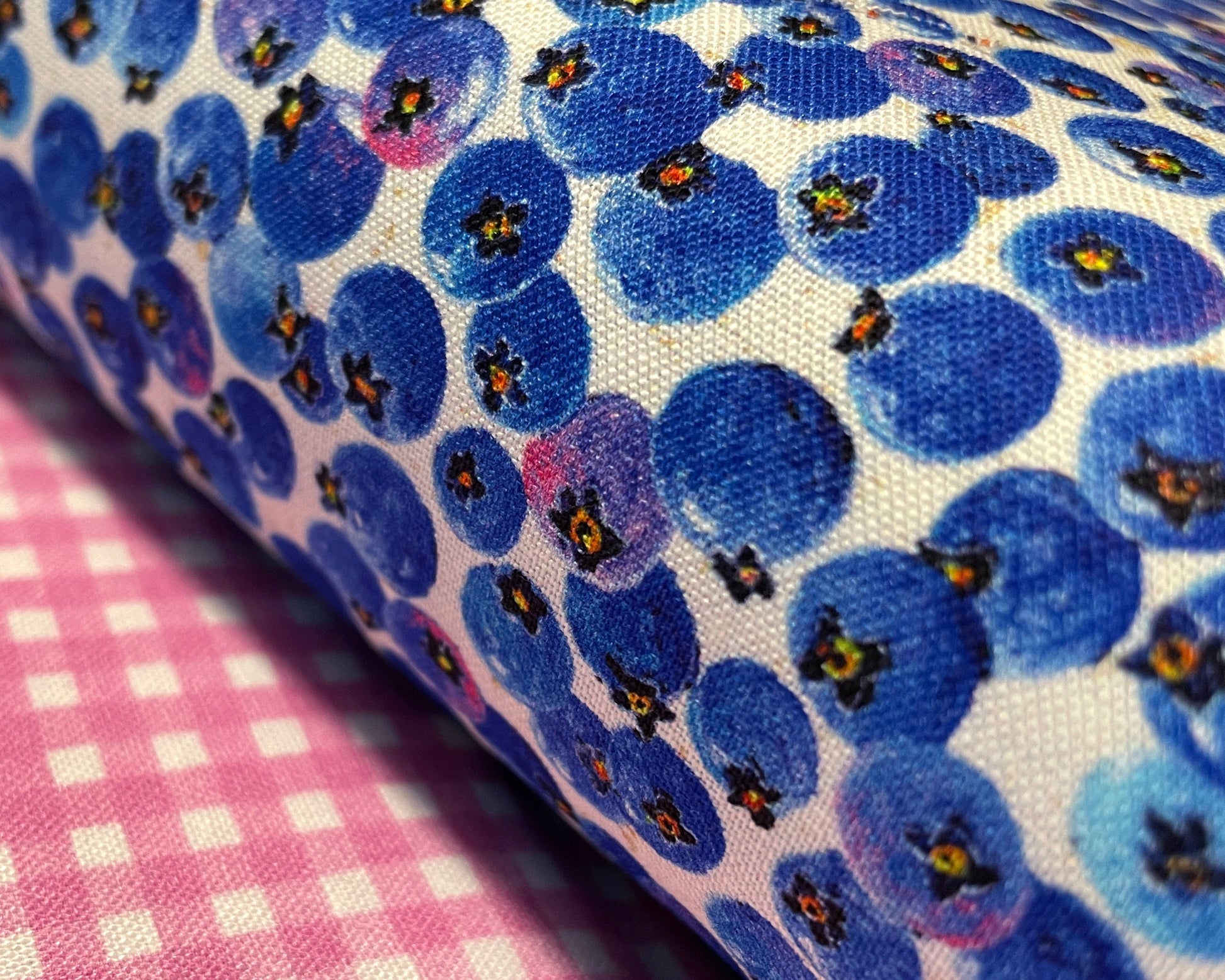 Close up image of tossed blueberries on a white background fabric next to a Fuchsia Gingham coordinating fabric