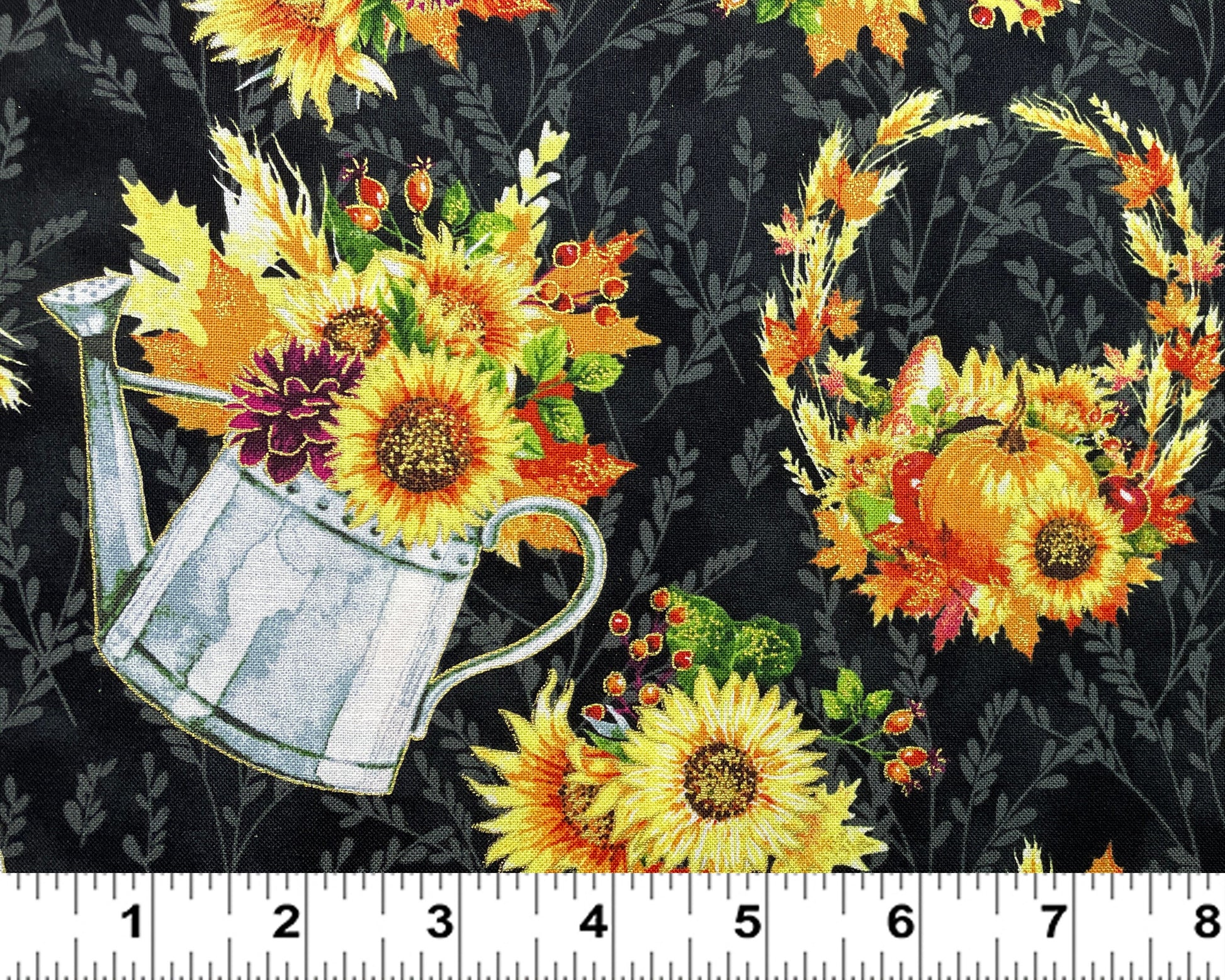 Fall Fabric - Sunflower fabric - With Metallic Accents - Fall Blooms by Hoffman - 100% Cotton - Thanksgiving material - SHIPS NEXT DAY