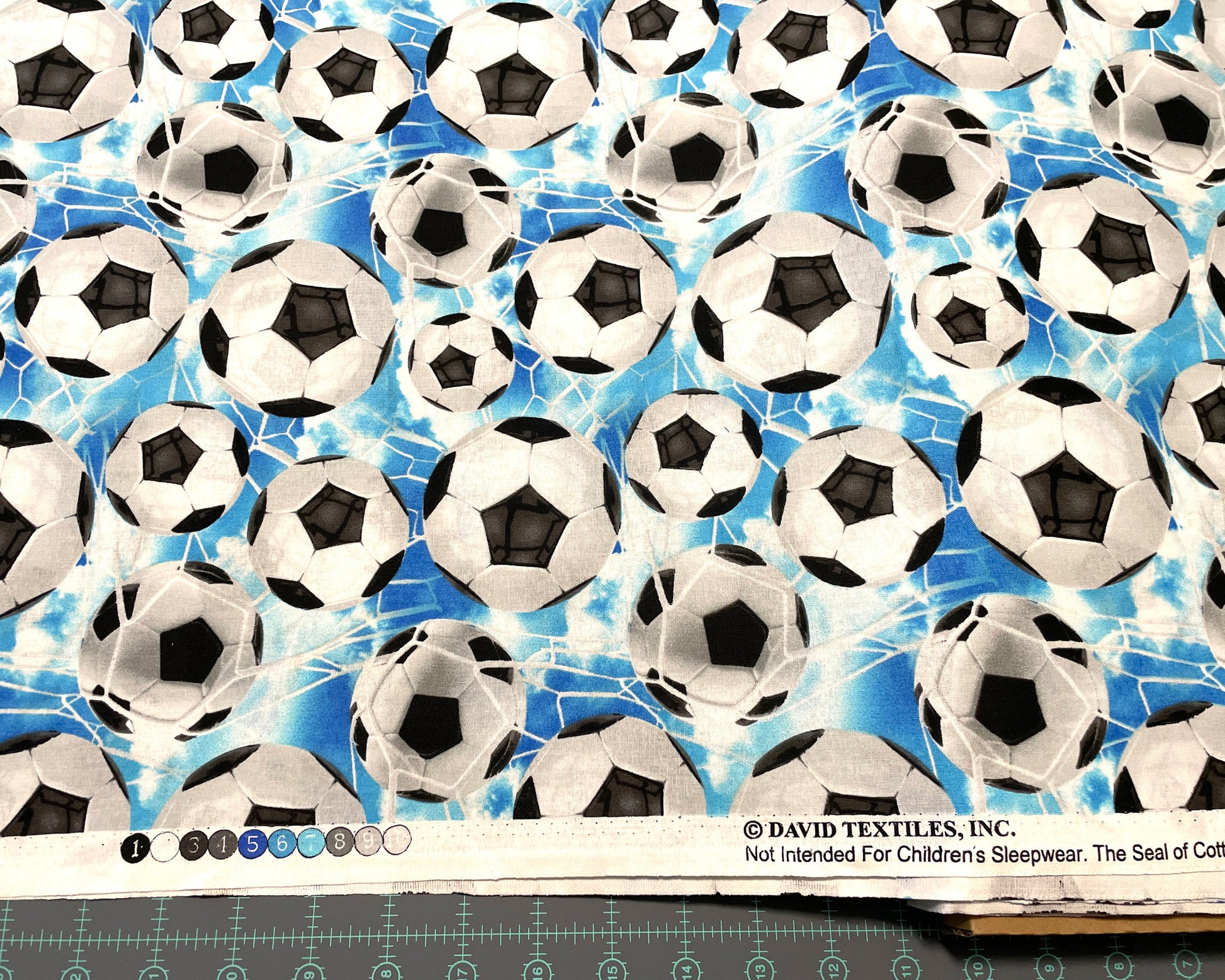 Soccer Fabric - 100% Cotton - Quilting Cotton - Blue Soccer Sky with Net - Sports Fabric - Black and White Soccer ball - Ships NEXT DAY
