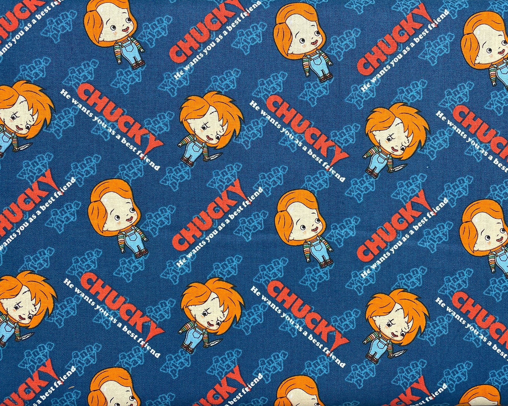 Chucky Fabric - 100% Cotton Fabric by the yard - Camelot Fabrics - Out of Print - Halloween fabric Best Friend Horror movie - Ships NEXT DAY