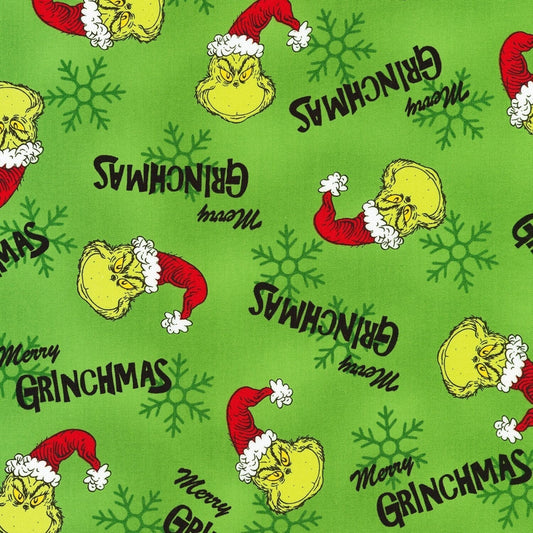 Robert Kaufman Grinch Fabric - Green Merry Grinchmas - How the Grinch Stole Christmas - 100% cotton fabric - Grinch hat - Ships NEXT DAY