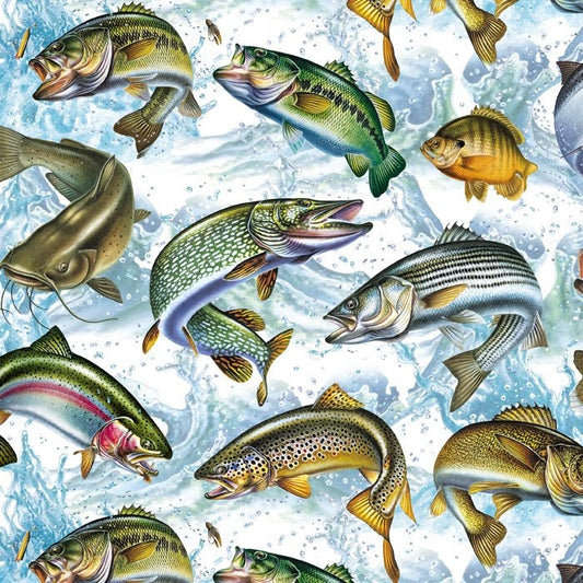 Fishing fabric - David Textiles Exclusive Print - Freshwater Fish - Fish Activity - 100% Cotton - Bass Trout Catfish Perch Quilting Cotton