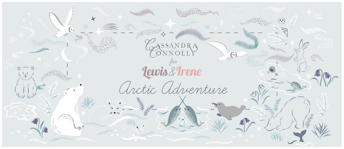 Arctic Animal Fabric - 100% Cotton - by Lewis & Irene - Winter Snow Animals - Polar Bear Snowy Owl Narwhal seal Fabric