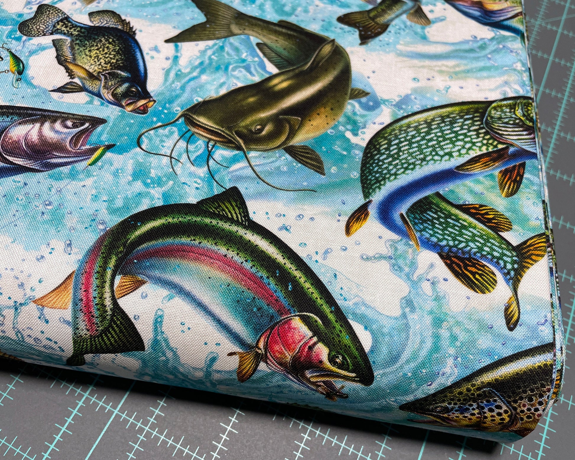 Fishing fabric - David Textiles Exclusive Print - Freshwater Fish - Fish Activity - 100% Cotton - Bass Trout Catfish Perch Quilting Cotton