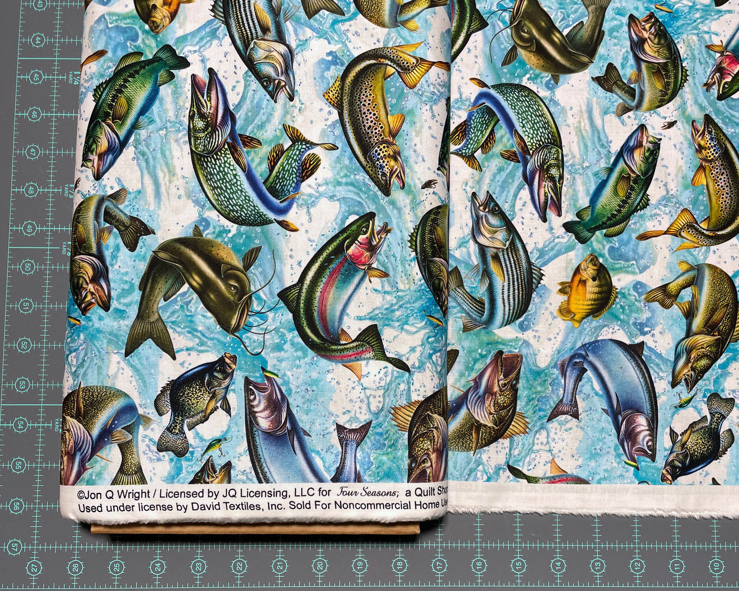 Fishing fabric - David Textiles Exclusive Print - Freshwater Fish - Fish Activity - 100% Cotton - Bass Trout Catfish Perch Quilting Cotton