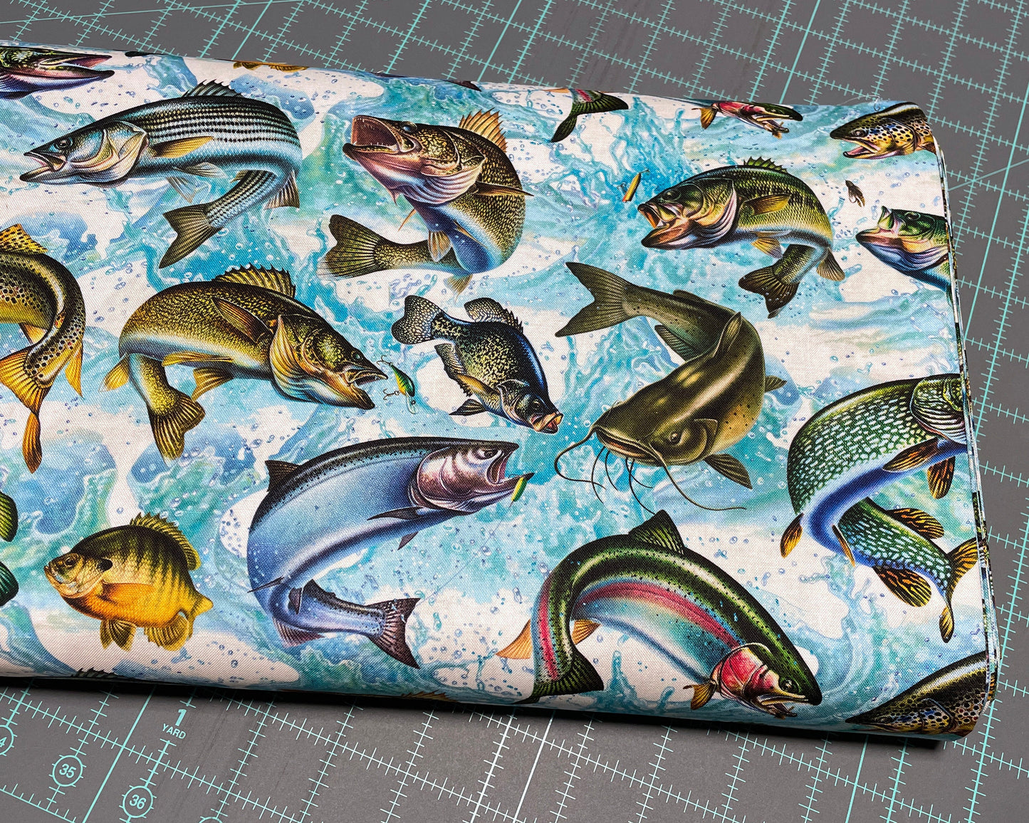Fishing fabric - David Textiles Exclusive Print - Freshwater Fish - Fish Activity - 100% Cotton - Bass Trout Catfish Perch Quilting Cotton
