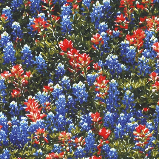Bluebonnets and Indian Paintbrush Flowers - Michael Miller - 100% Cotton Fabric - Wildflowers Blue Flower Material Texas Flowers