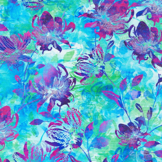 Orchid Fabric - SRKD-22122-70 AQUA - Robert Kaufman - floral quilting cotton purple flowers