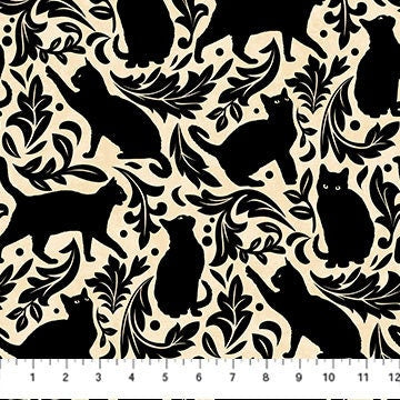 Cat Damask Fabric - Cream - Northcott - 100% Cotton - Hallow's Eve Collection by Cerrito Creek Studio - Halloween Kitty