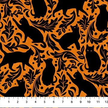 Cat Damask Fabric - Orange - Northcott - 100% Cotton - Hallow's Eve Collection by Cerrito Creek Studio - Halloween Kitty