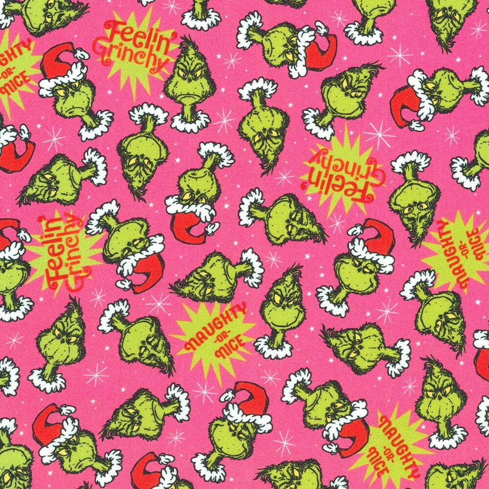 Robert Kaufman Grinch Fabric - Feelin' Grinchy Candy Pink - How the Grinch Stole Christmas - 100% cotton fabric - Naughty or Nice