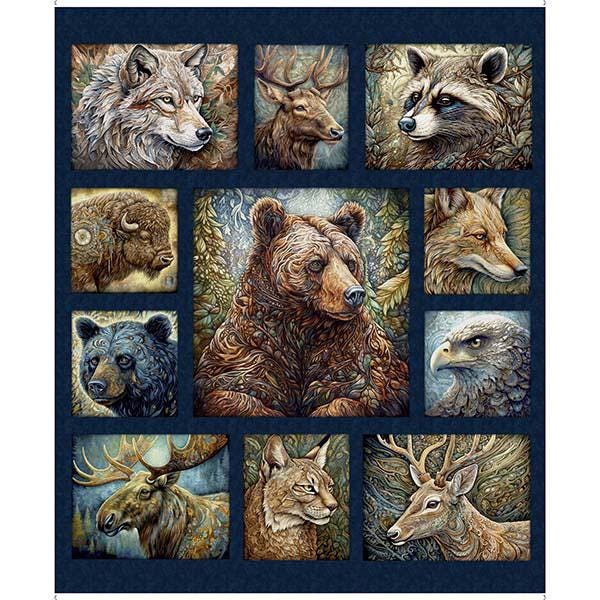 Enchanted Forest Animal Fabric Panel - 36" x 44" - QT Fabrics - Navy
