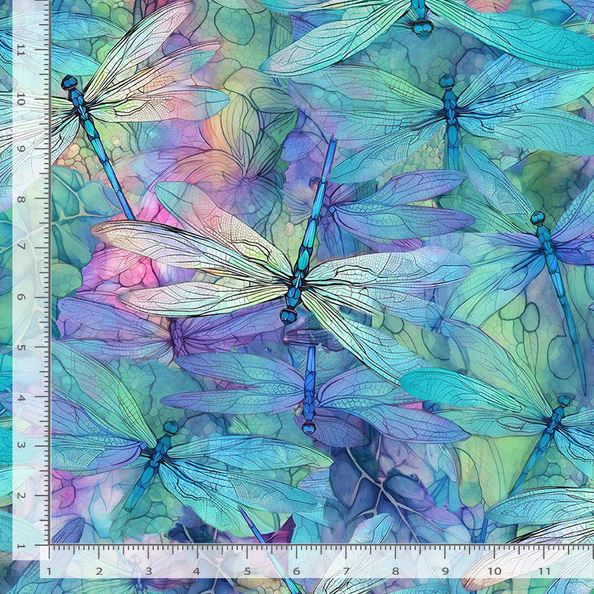 Dragonfly fabric - Packed Dragonflies - 100% Cotton - flying animal iridescent garden fabric