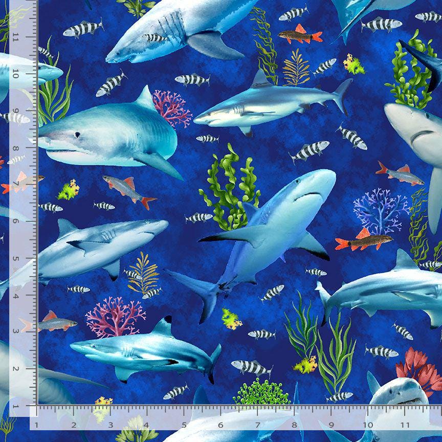 Shark Fabric - SEA-CD3132 DEEP - Timeless Treasures - 100% Cotton - Beach Print Sea Life Scuba Diving Reef Shark & Fishes