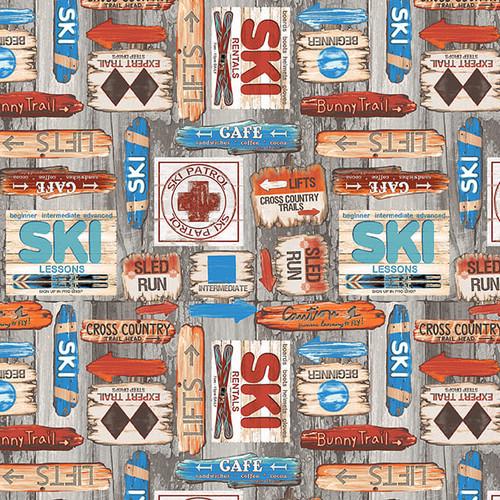 Ski Fabric - 100% Cotton - Slopeside Ski Signs - Blank Quilting Corp - Winter Sports Snow