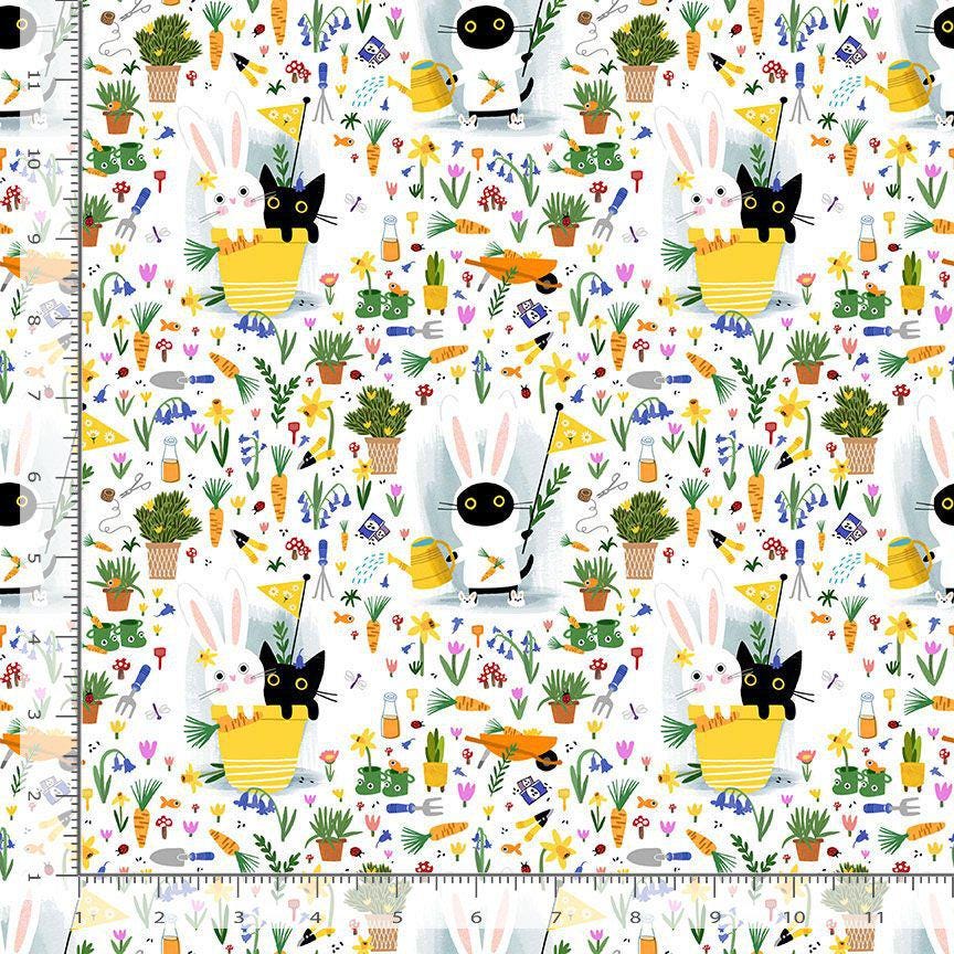 Cat fabric - Dear Stella - Bunny Slippers - Sweet Purrennials - 100% Cotton - Garden pot