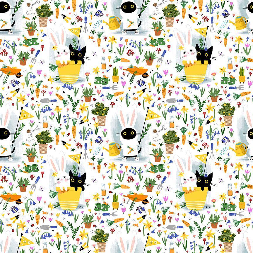 Cat fabric - Dear Stella - Bunny Slippers - Sweet Purrennials - 100% Cotton - Garden pot