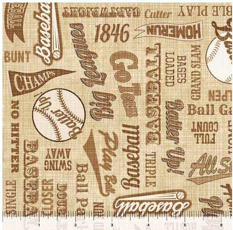 Baseball fabric - Text - Tan - 100% Cotton - QT Fabrics - Bases Loaded - Sports
