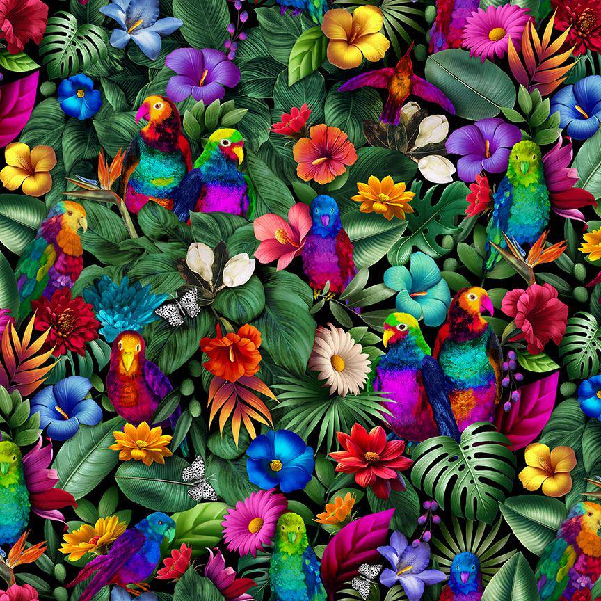 Tropical Floral and Birds fabric - 100% cotton - Timeless Treasures - Colorful bird material - parrots