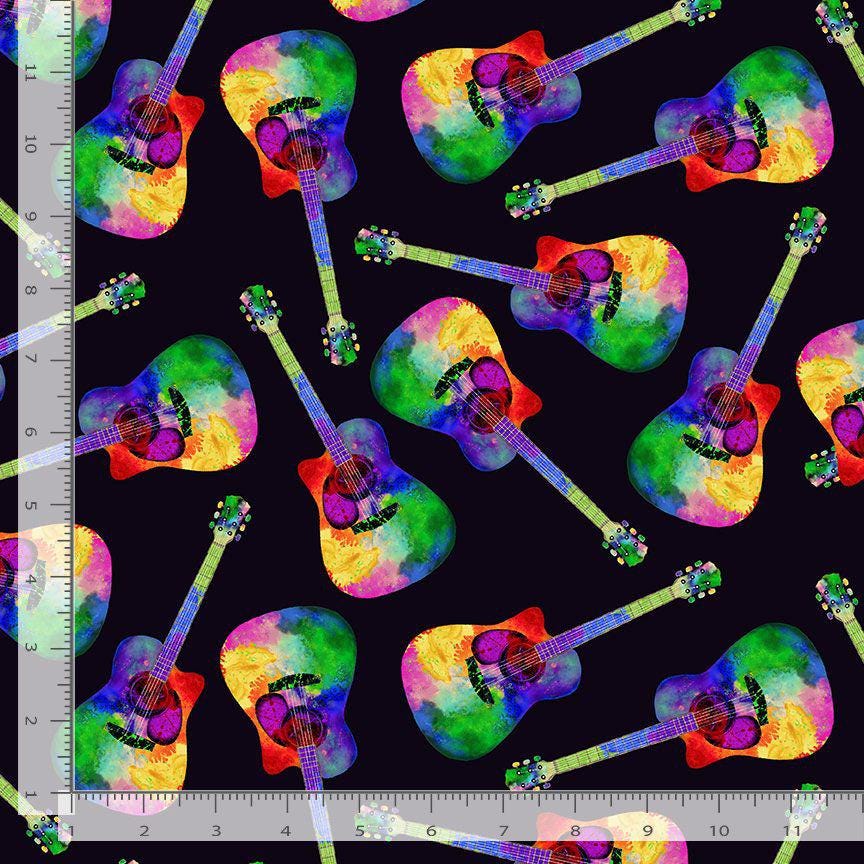 Tossed Painted Guitar fabric - 100% Cotton - Timeless Treasures - MUSIC-CD3674 BLACK