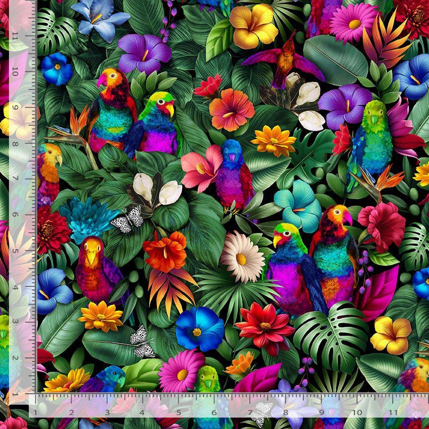 Tropical Floral and Birds fabric - 100% cotton - Timeless Treasures - Colorful bird material - parrots