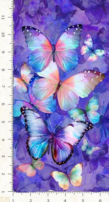Purple Butterfly Fabric Panel - 24" x 44" - 100% Cotton - Multicolor butterfly quilting cotton