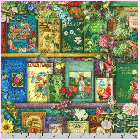 Gardening Book Fabric - Tales from the Garden - Robert Kaufman - 100% Cotton - Reading Classic Literature Poetry - How Does Your Garden Grow