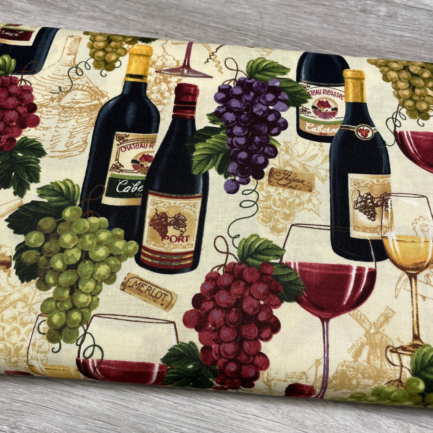 Wine Bottles and Grapes Fabric - Timeless Treasures - 100% Cotton