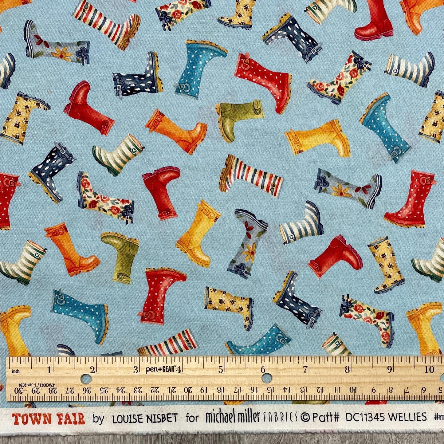 Rain Boots Fabric - Town Fair Collection - 100% Cotton - Galoshes Gardening Shoes Wellies Wellington Boots Farm Quilting Fabric