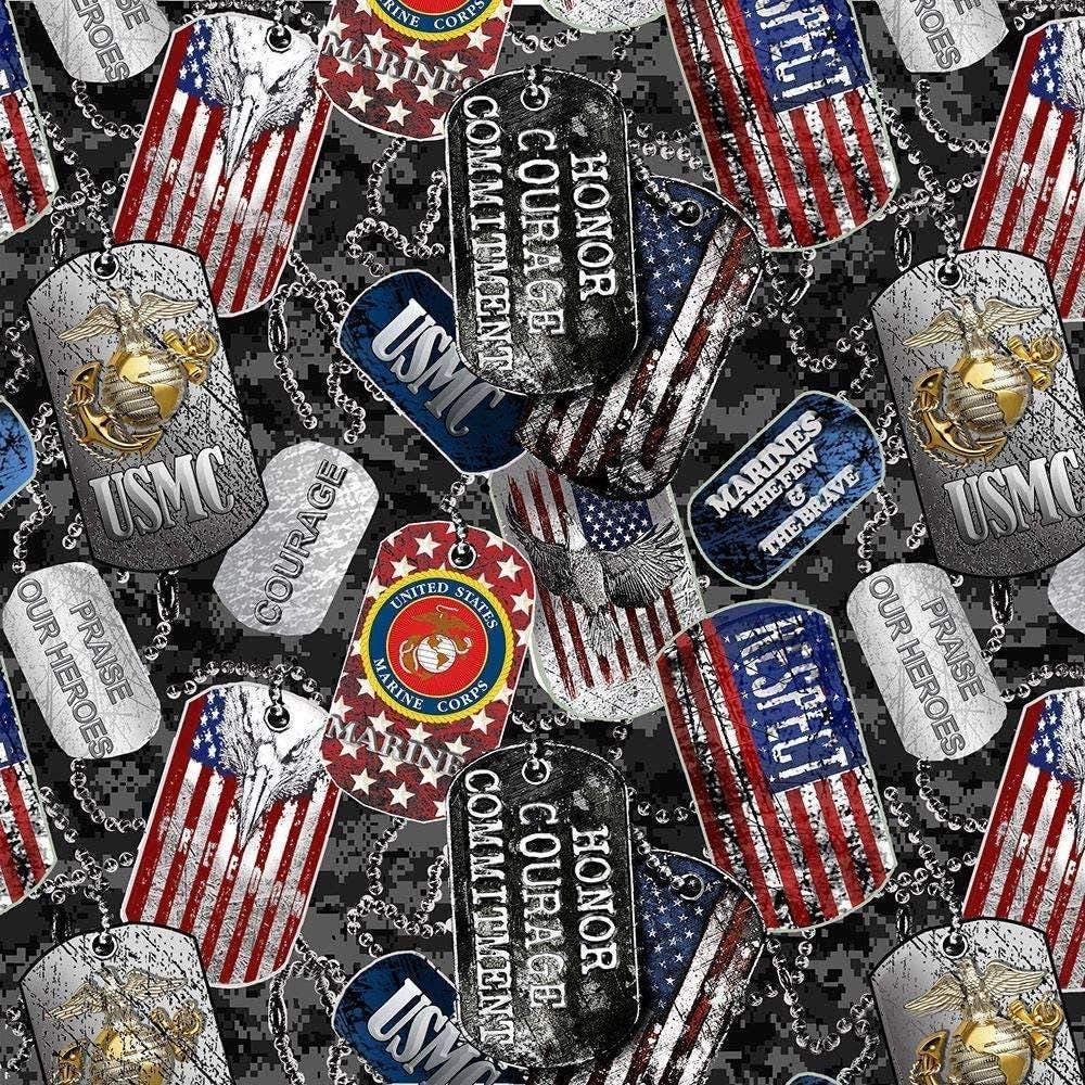 New! US Marines fabric - U.S. Military - Ships Next Day - Marines dog tags from Sykel, 100% Cotton Fabric, USMC US Marines