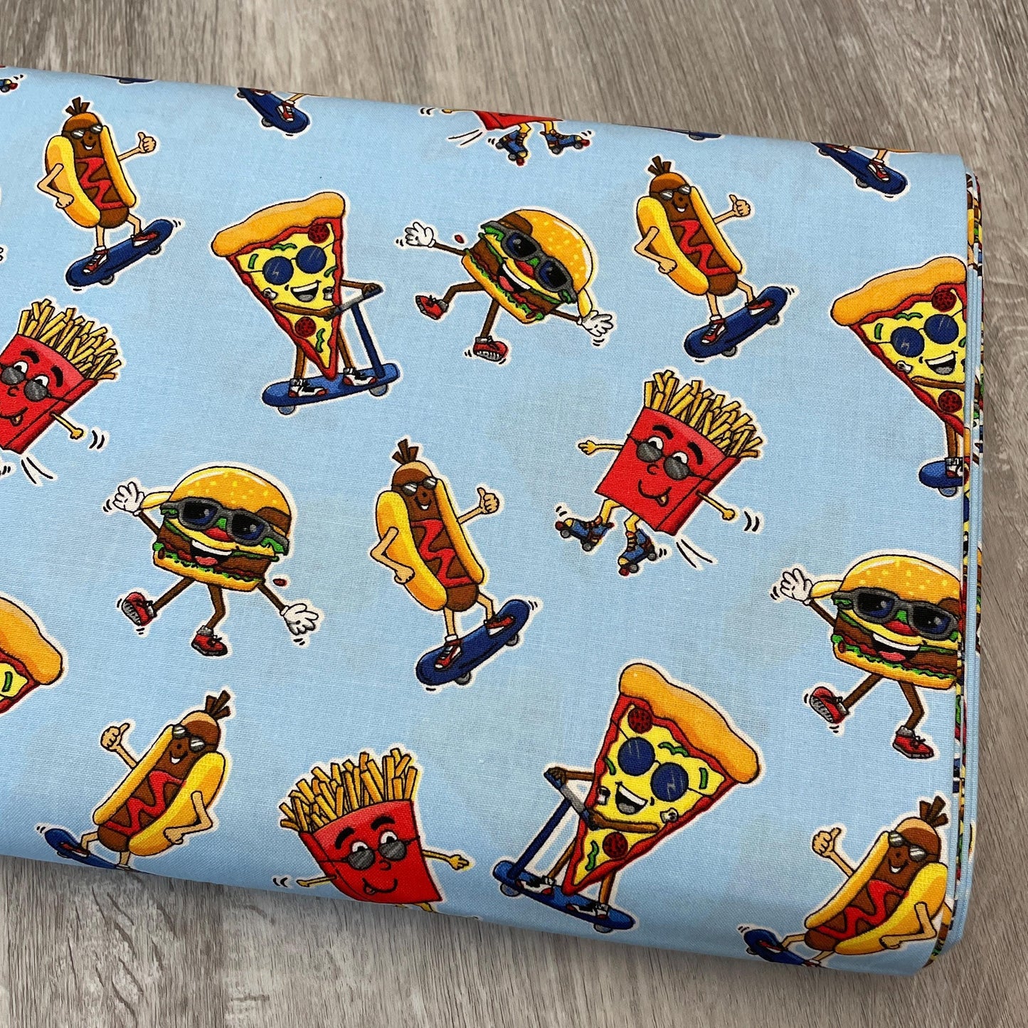 Fast Food Fabric - Burger Bar - 100% Cotton - 3 Wishes - Junk Food Pizza Hotdog Hamburgers Fries