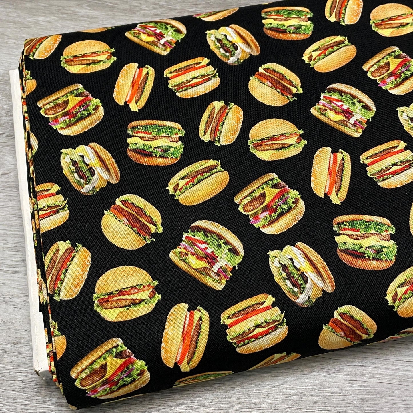 Hamburger Fabric - Favorite Foods - Elizabeth Studios - 100% Cotton Fabric - Cooking Grilling Kitchen - 701-Black