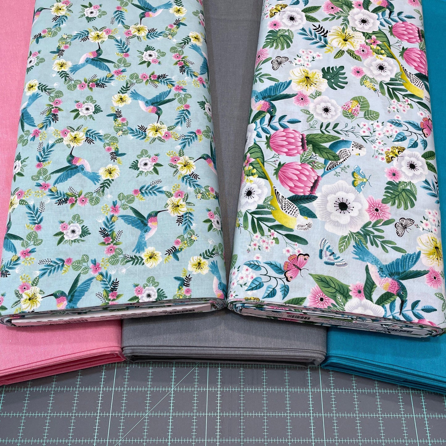 Hummingbird Fabric - Tropical Menagerie Collection - 7382-16 Aqua - 100% cotton fabric by StudioE