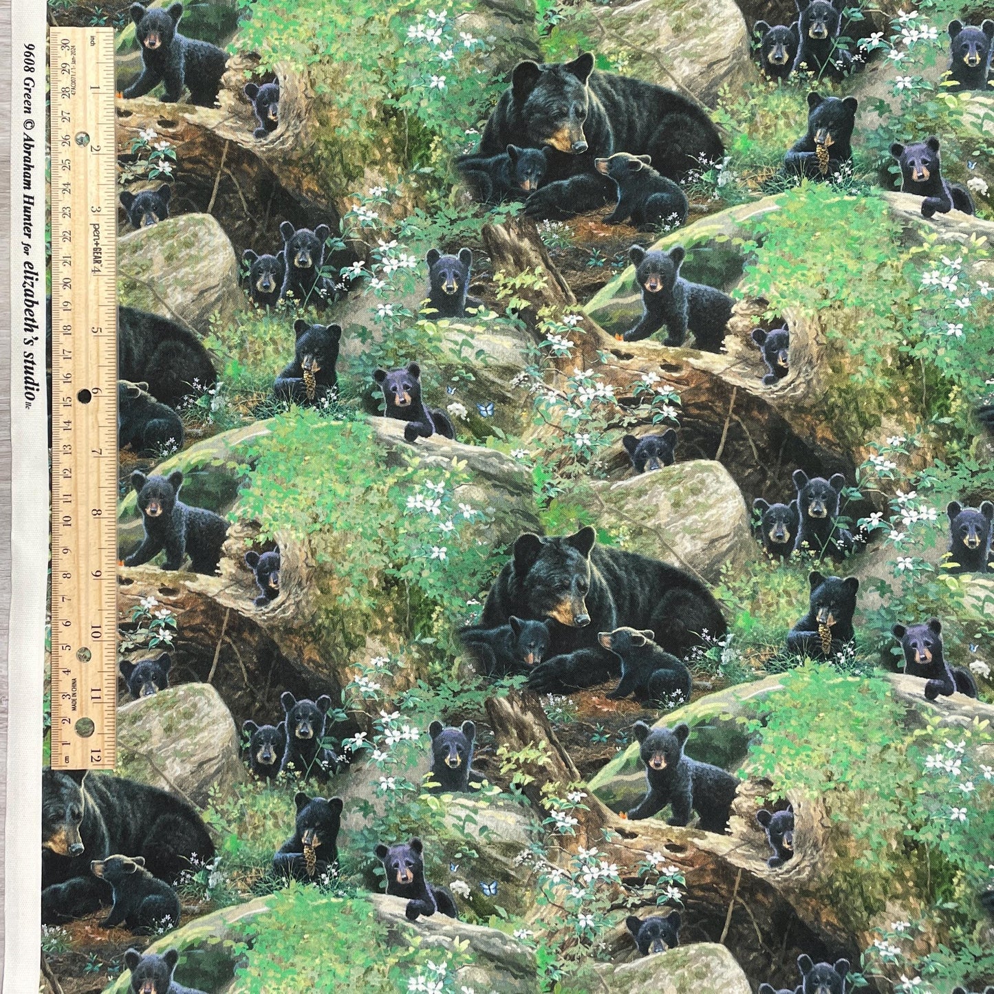 Black Bear fabric - Tender Moments - 100% Cotton - 9608-Green - Baby Bear Family