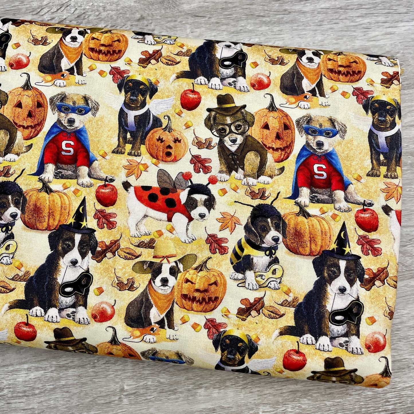 Halloween Dog Fabric - Puppy Masquerade - 100% Cotton - Halloween Trick or Treat Dress Up Costume