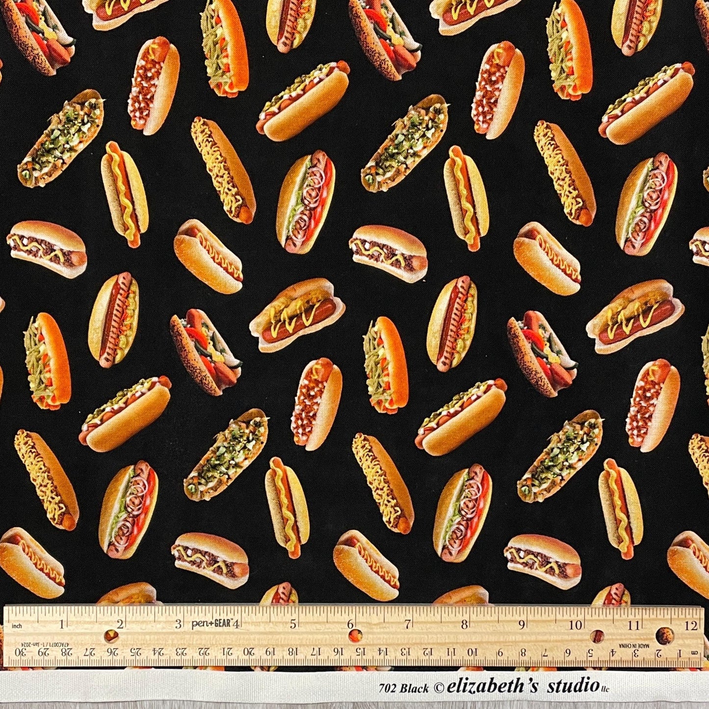Hot Dog Fabric - Favorite Foods - Elizabeth Studios - 100% Cotton Fabric - Cooking Grilling Picnic Baseball Stadium Food - 702-Black