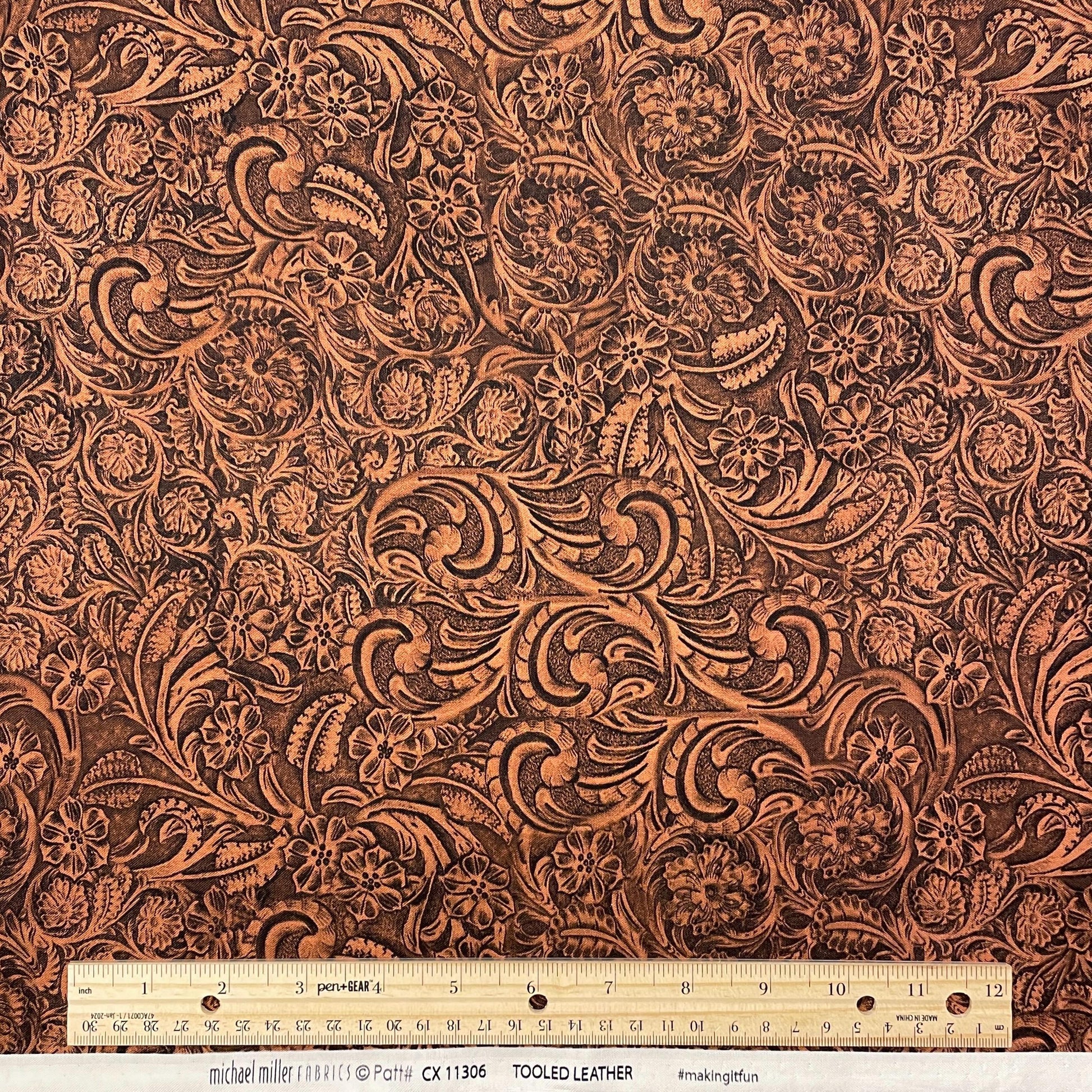 Tooled Leather COTTON Fabric - Mahogany - Michael Miller - Not real leather