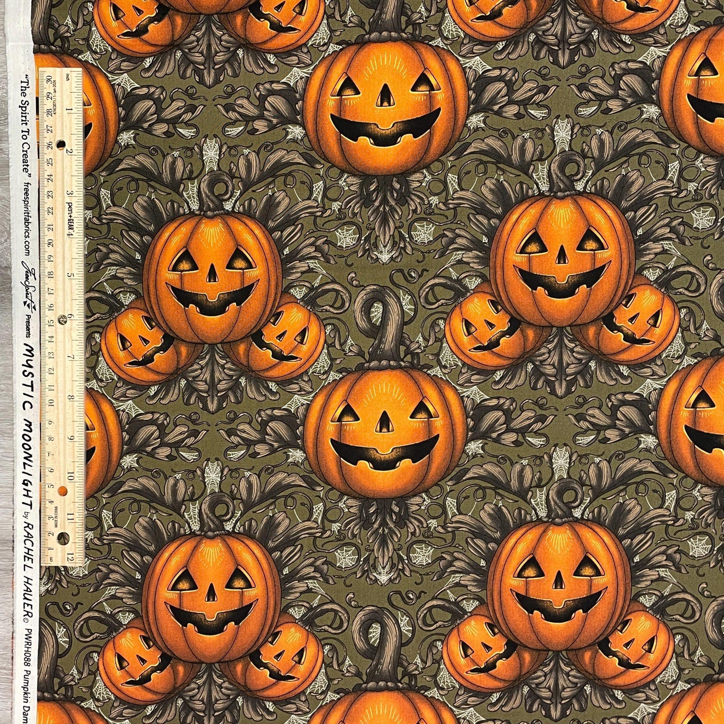 Halloween Fabric - Pumpkin Damask - Olive - 100% Cotton - FreeSpirit - Mystic Moonlight by Rachel Hauer