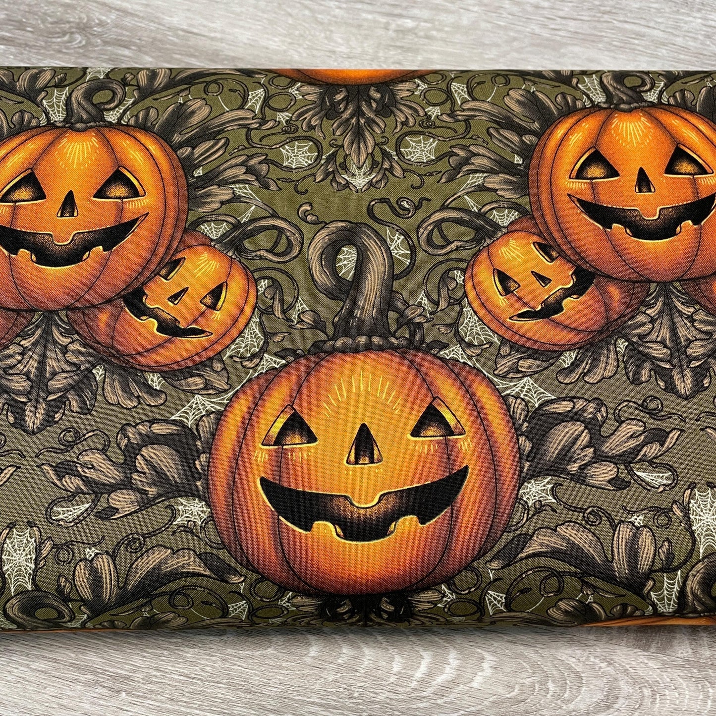 Halloween Fabric - Pumpkin Damask - Olive - 100% Cotton - FreeSpirit - Mystic Moonlight by Rachel Hauer