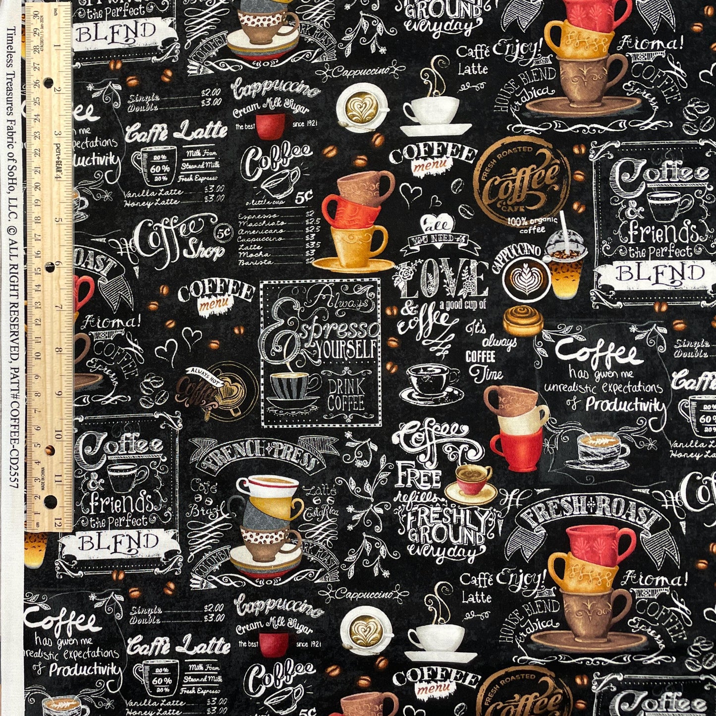 Coffee Chalkboard Fabric - Timeless Treasures - 100% Cotton - Just Brew It