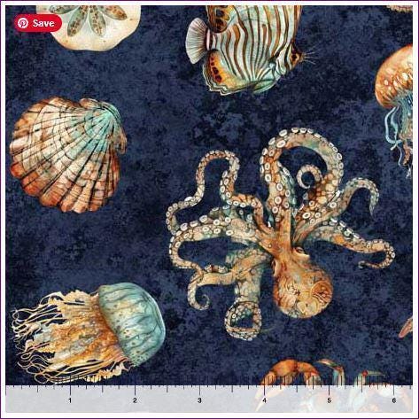 Sea Creature Fabric - Navy - QT Fabrics - 100% Cotton - Ocean Life