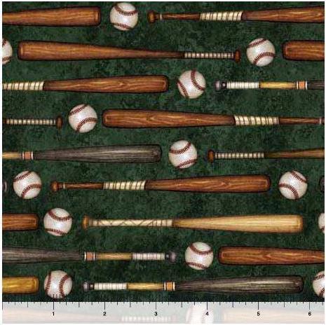 Baseball fabric - Bats & Baseballs - Forest- 100% Cotton - QT Fabrics - Bases Loaded - Sports