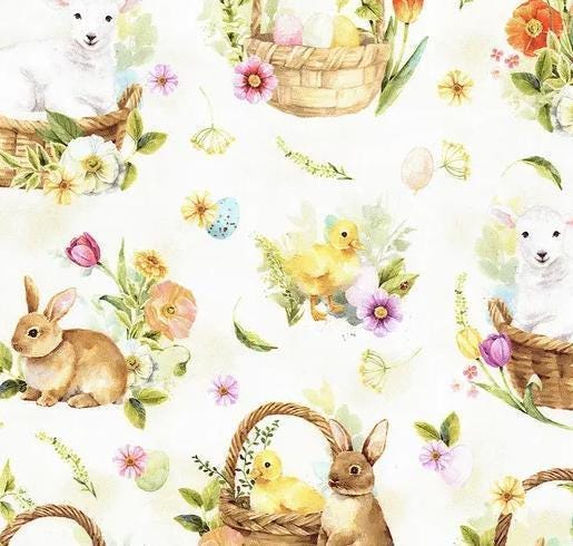 Easter Animal Fabric - Hoffman Fabrics - 100% Cotton - Easter Wonder - Animals in Baskets Vanilla W5426-156