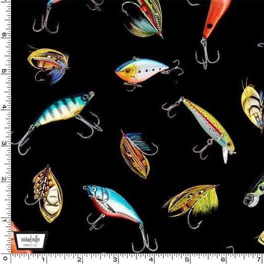 Fly Fishing Lures Fabric - Bait and Tackle - Michael Miller - Girls Gone Fishing