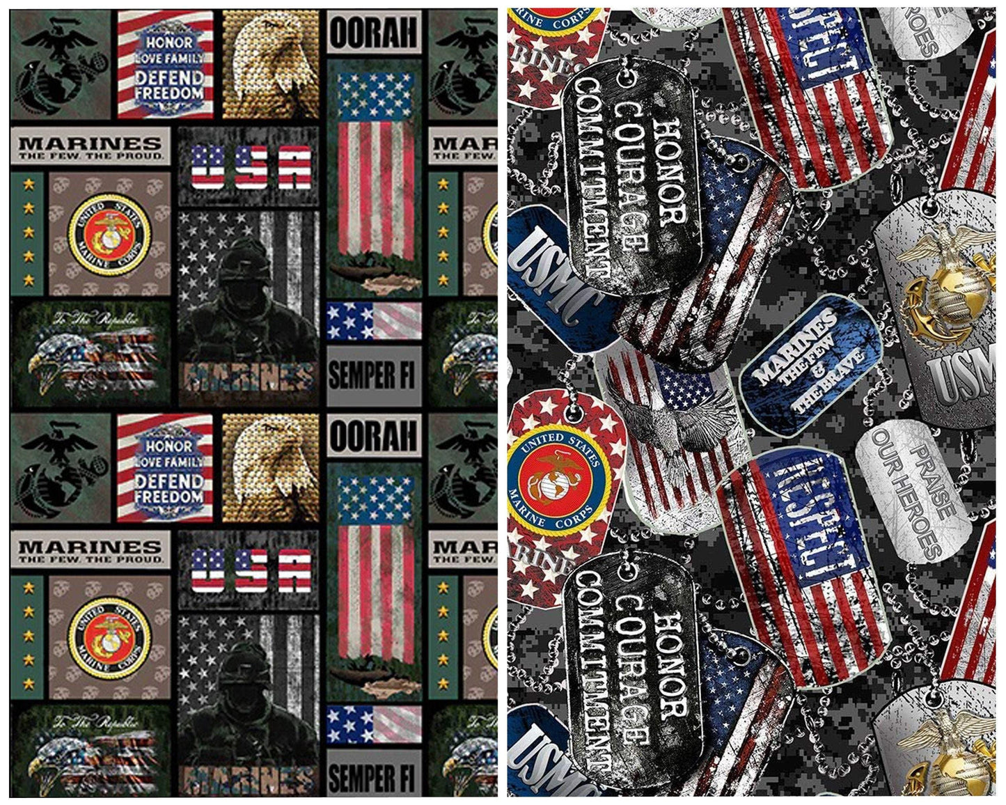 New! US Marines fabric - U.S. Military - Ships Next Day - Marines dog tags from Sykel, 100% Cotton Fabric, USMC US Marines