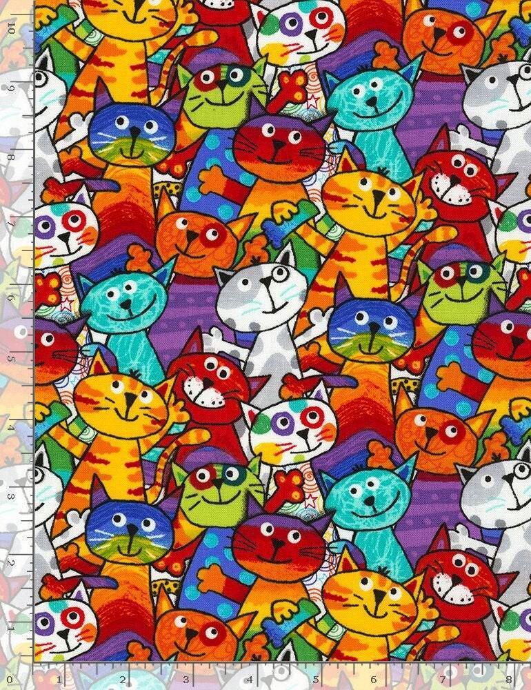 Rainbow Cat Fabric - Stacked Cats - Crazy for Cats Collection - Timeless Treasures - 100% Cotton - Colorful cat theme print - Ships NEXT DAY