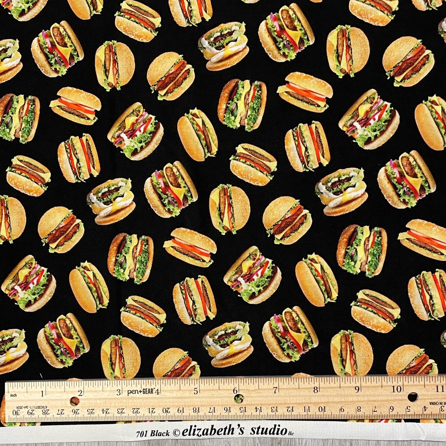 Hamburger Fabric - Favorite Foods - Elizabeth Studios - 100% Cotton Fabric - Cooking Grilling Kitchen - 701-Black