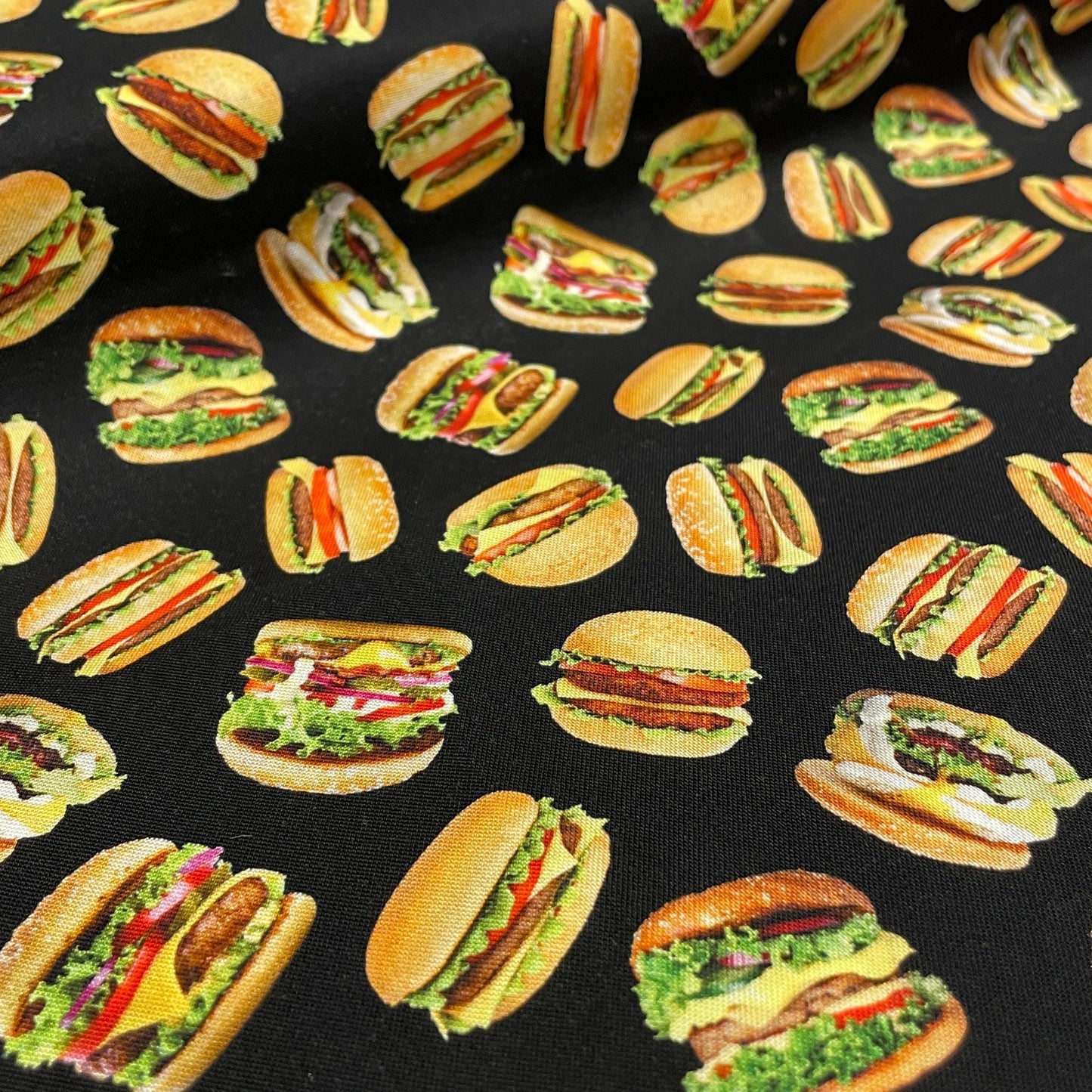 Hamburger Fabric - Favorite Foods - Elizabeth Studios - 100% Cotton Fabric - Cooking Grilling Kitchen - 701-Black